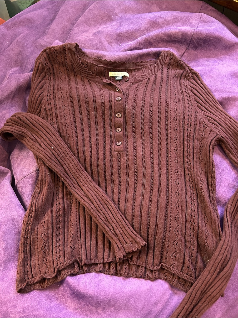 American Eagle Outfitters Ribbed Henley Sweater - Mauve